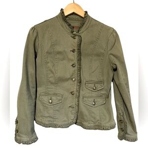 Studio West  Olive Green Ruffle Trim Military‎ Utility Jacket Star Buttons S